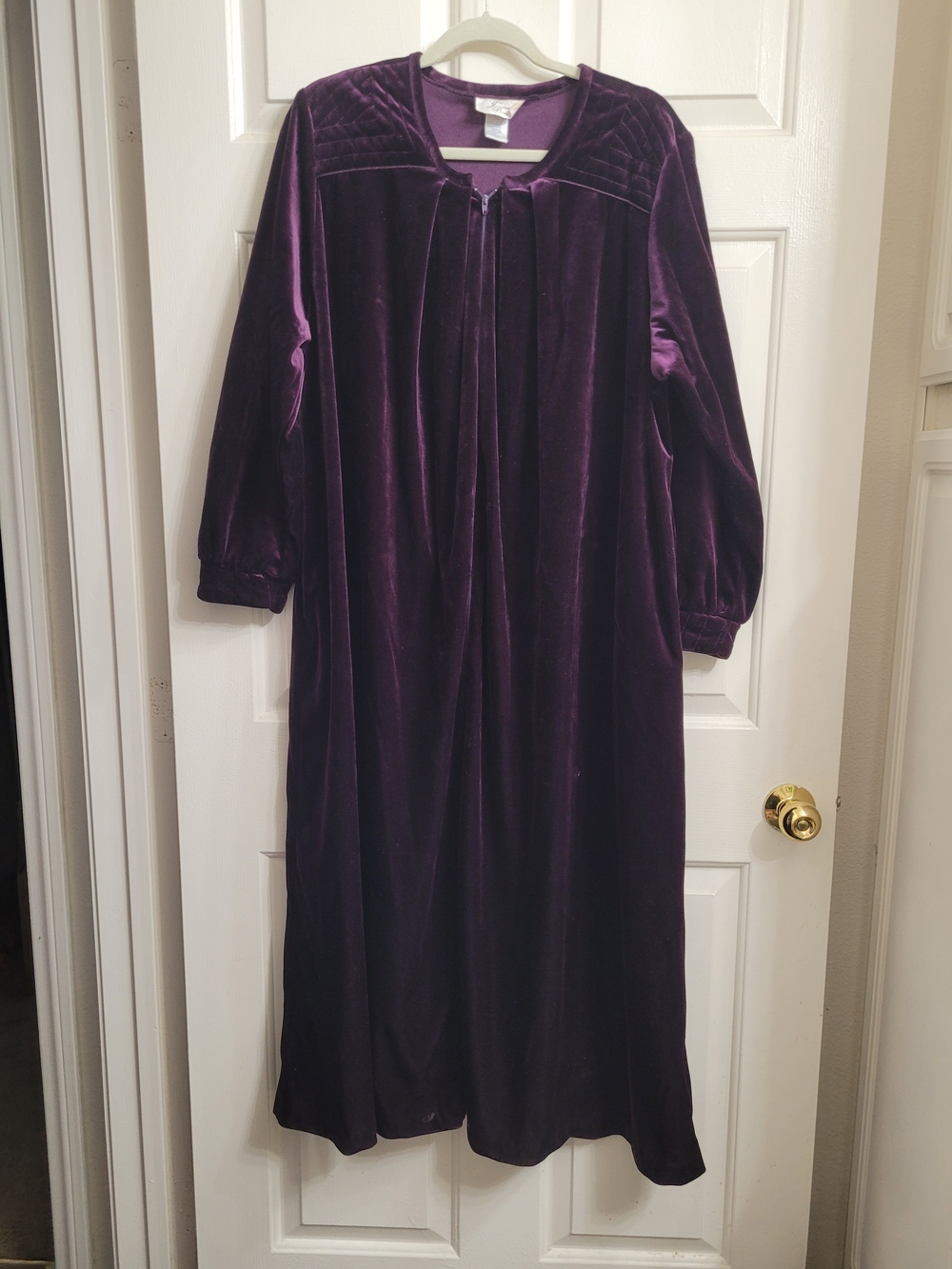 Vtg Jasmine Rose Purple Velvet Velour Zip Front Long Robe Housecoat Duster SizeL